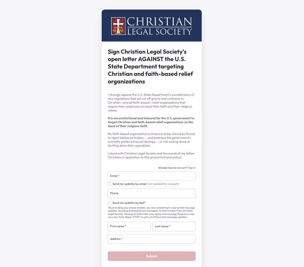Christian Legal Society Lead Page Example