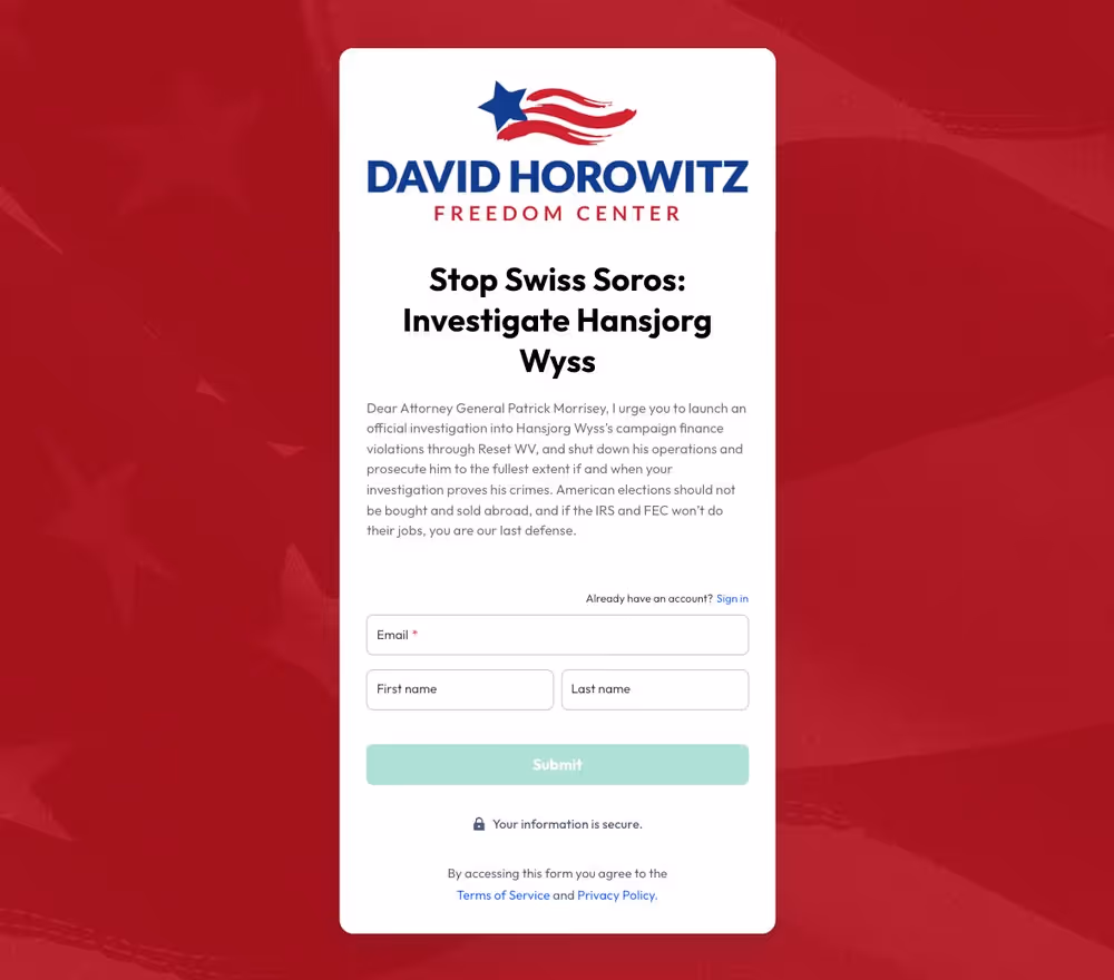 David Horowitz Freedom Center Lead Page Example