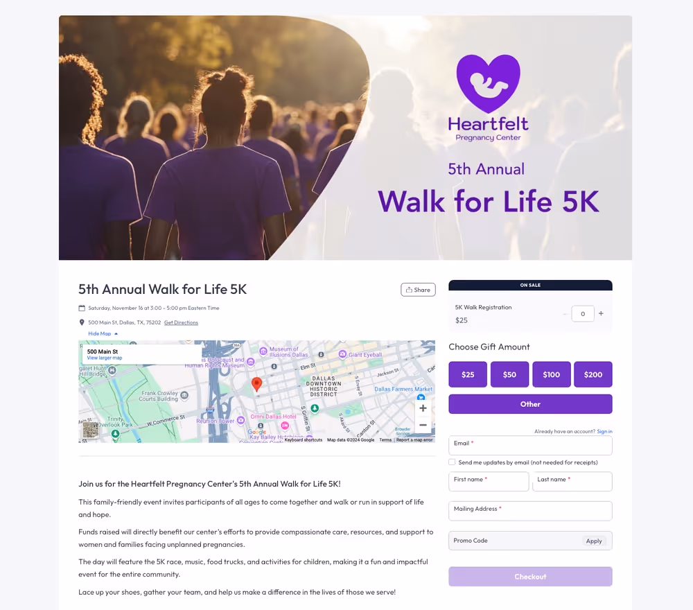 Heartfelt Pregnancy Center Event Page Example