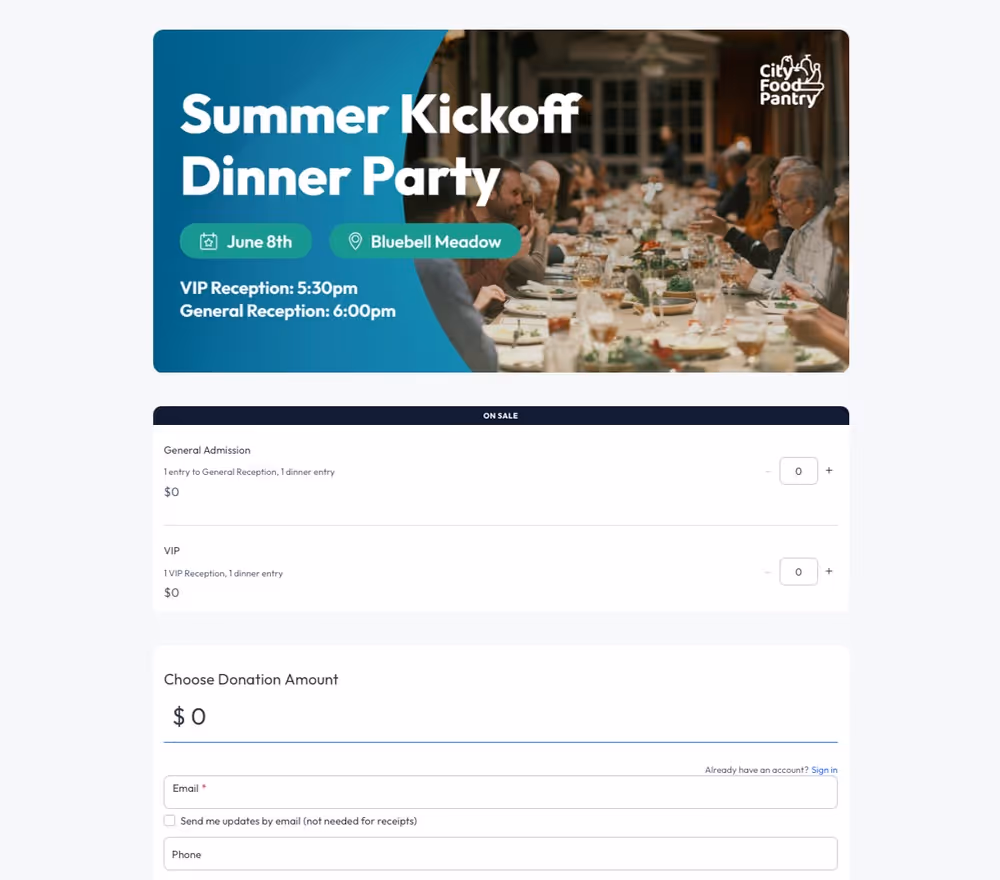 City Food Pantry Summer Kickoff Dinner Event Page Example 
