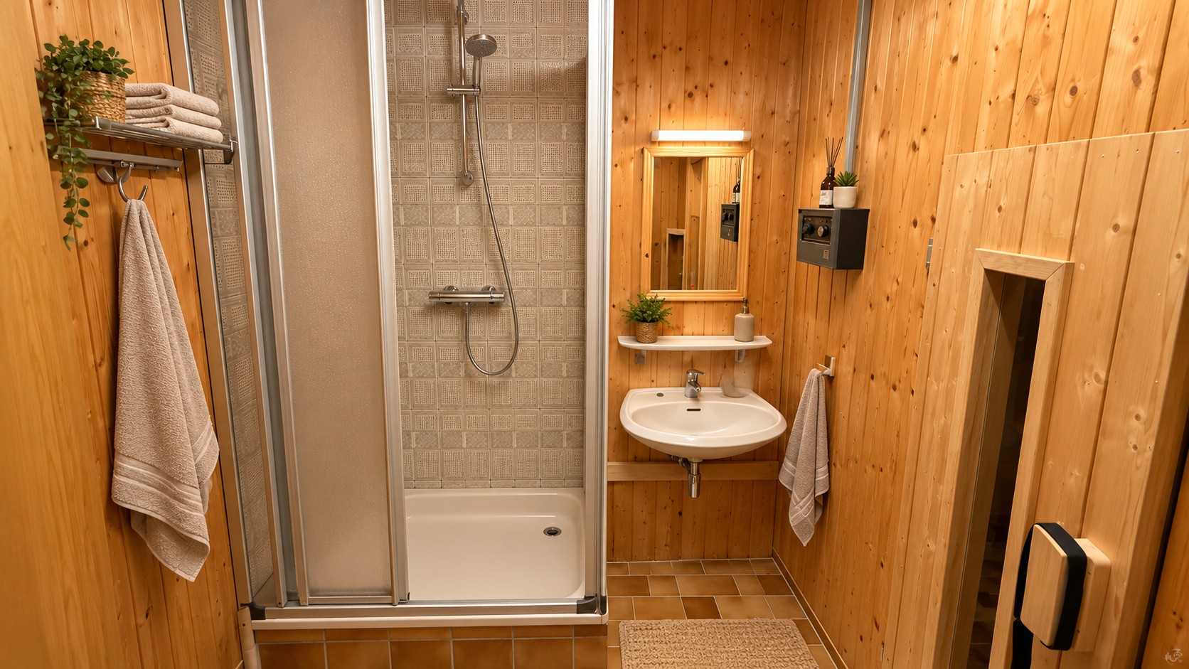 Duschbad im Keller mit Zugang zur Sauna