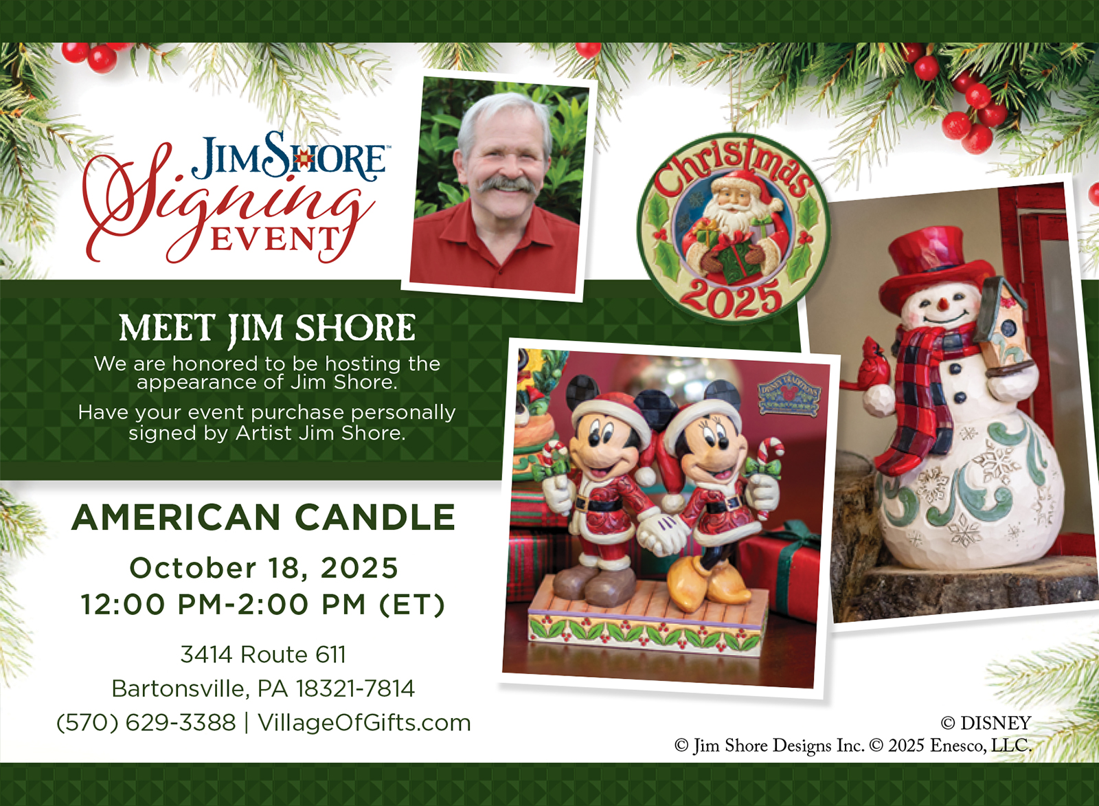 Jim Shore Signing @ The Shoppes at American Candle (Pocono Mountains, PA) on October 18th, 2025 from 12:00 pm to 2:00 pm