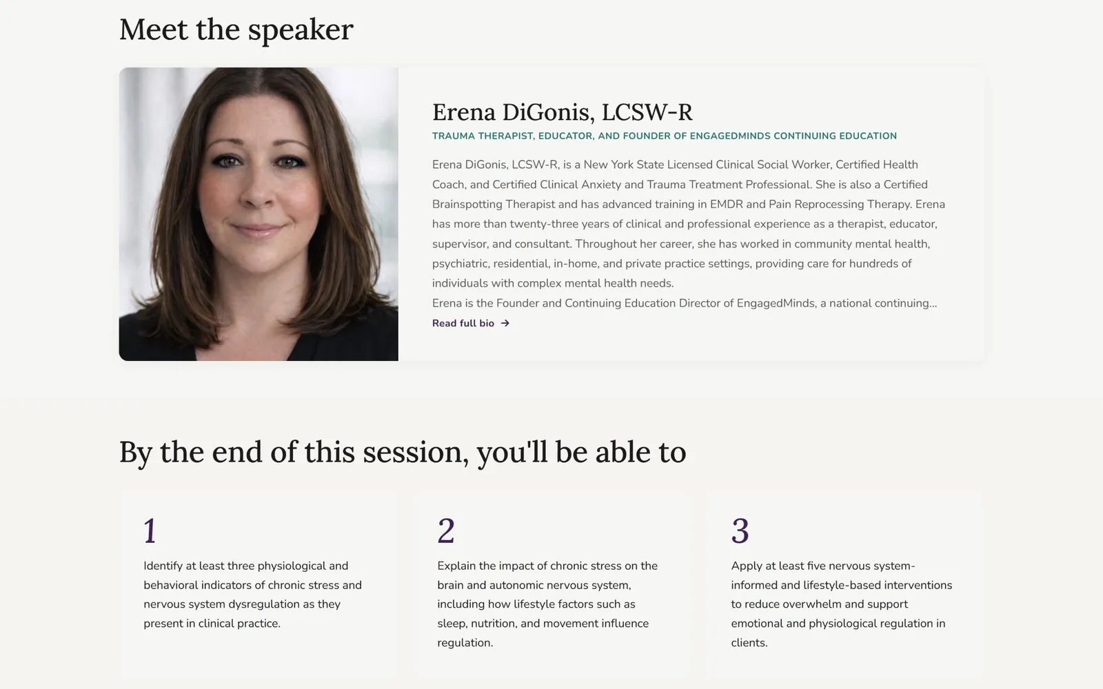 Registration page section with a speaker bio and learning objectives