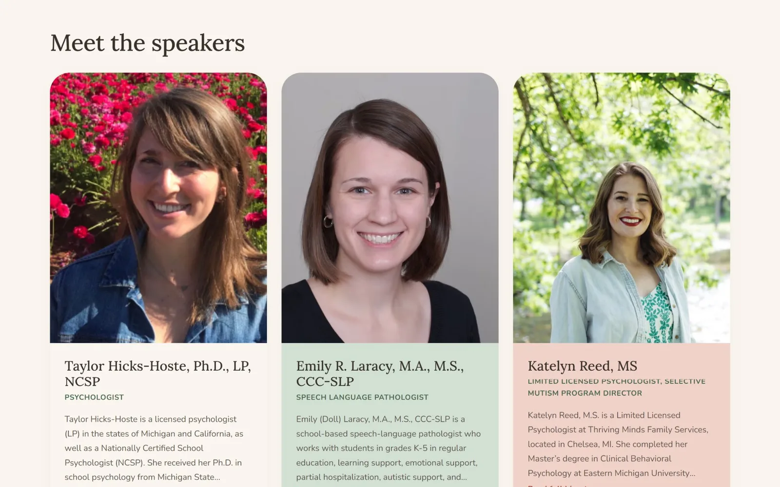 Registration page section featuring three speaker profiles