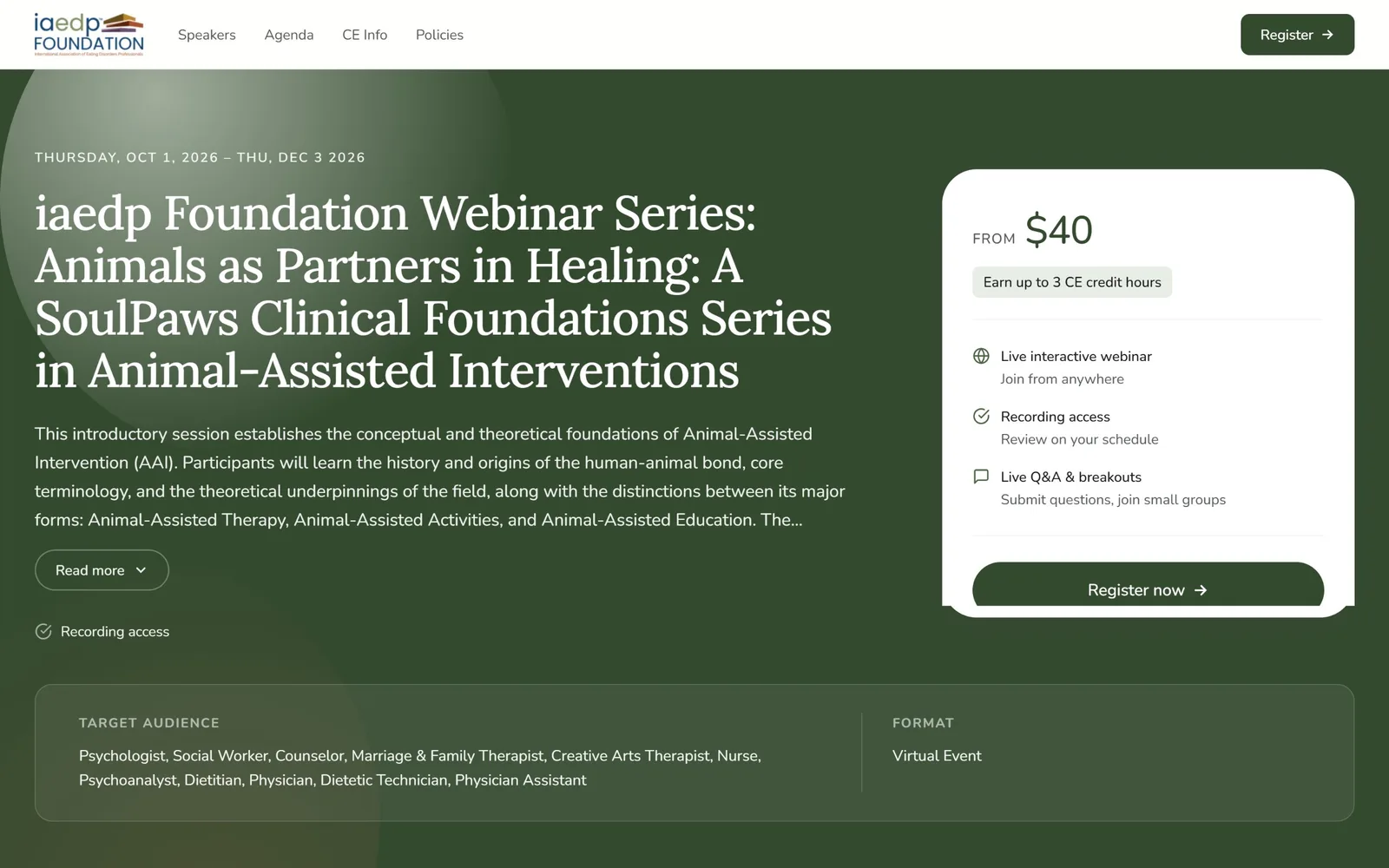 A branded registration page hero with pricing and CE credit hours