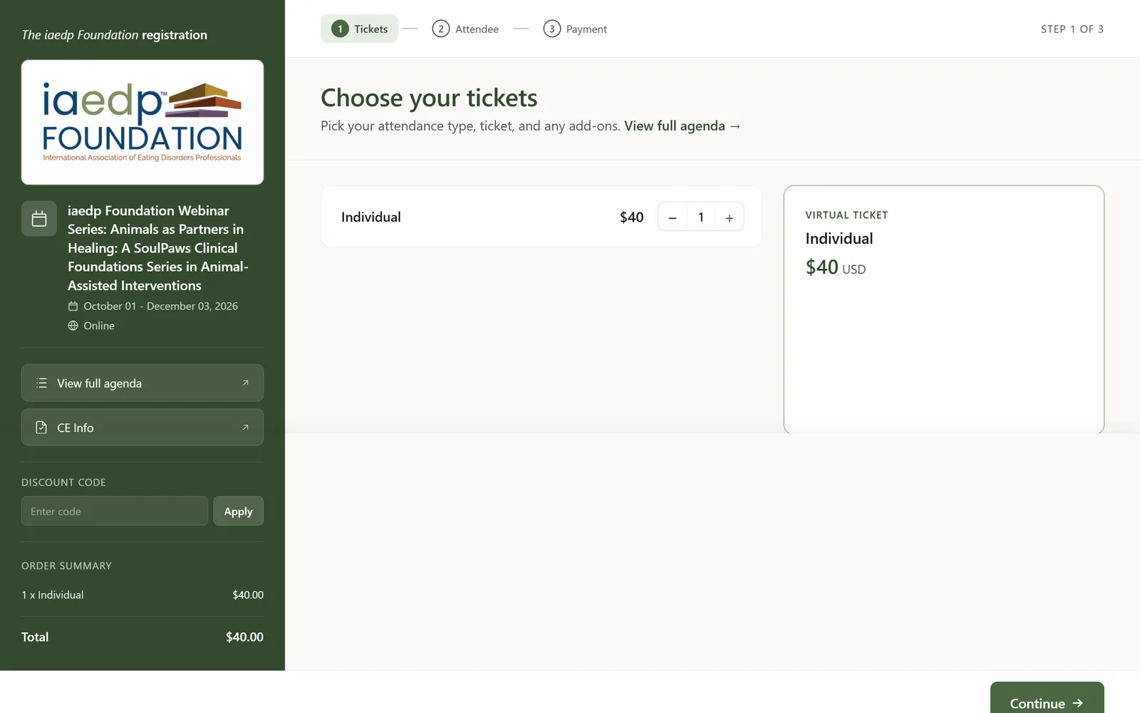 Checkout screen showing the tickets step with an order summary