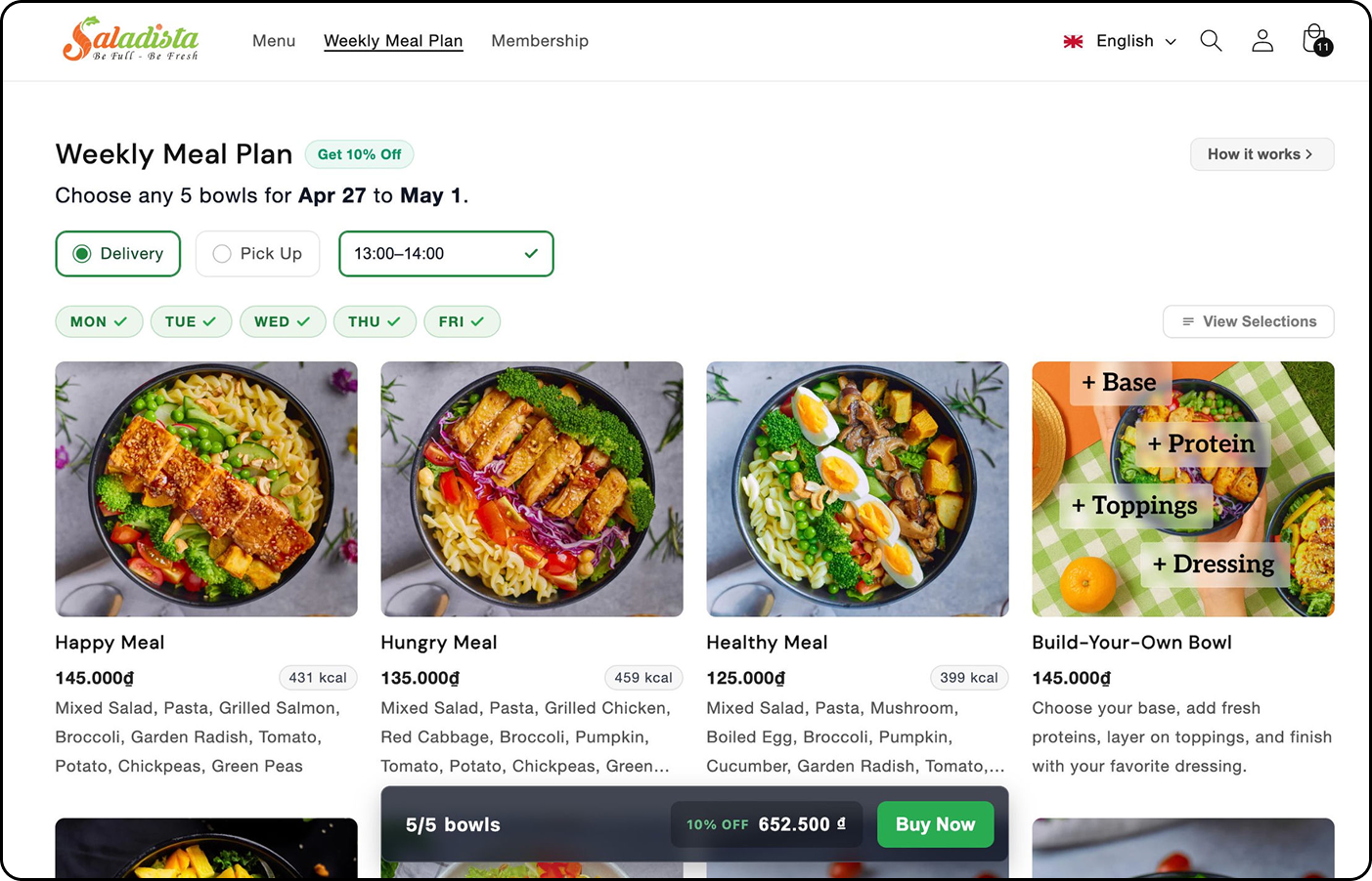 Weekly meal plan selector with five bowls selected, delivery window set, and 10% member discount applied