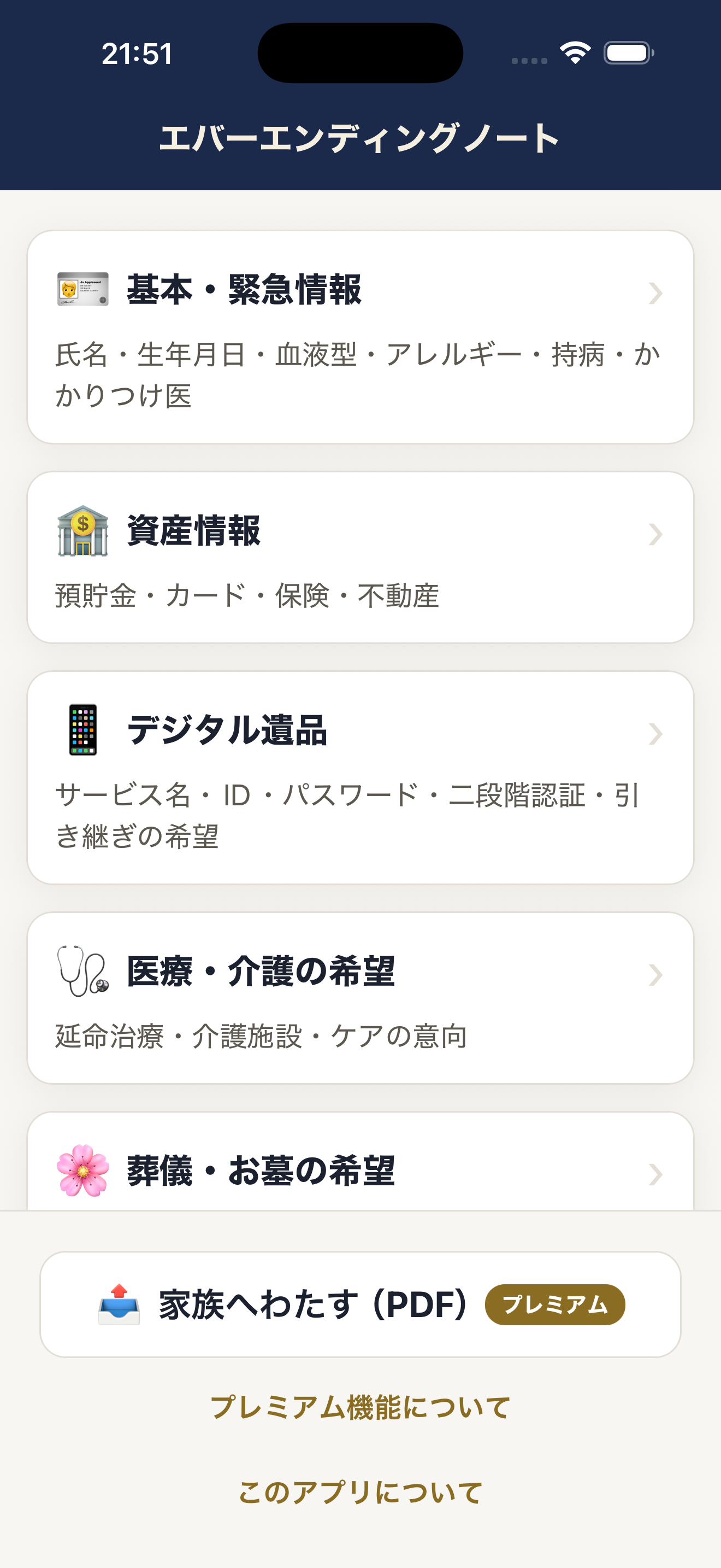 エバーエンディングノートの画面