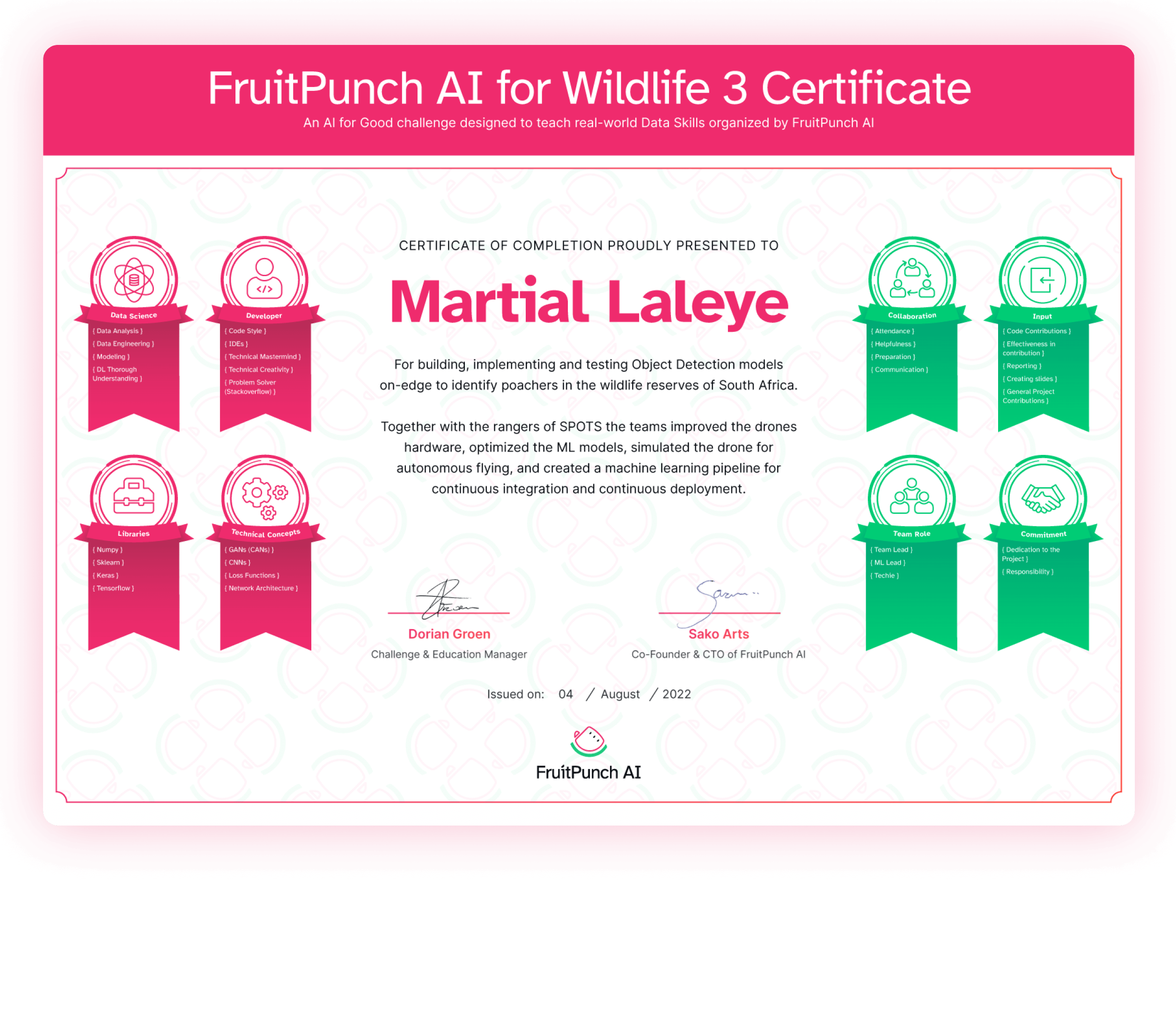 FruitPunch AI for Wildlife certificate