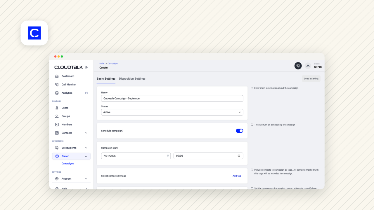 CloudTalk dialer campaign creation screen with scheduling and contact tag settings