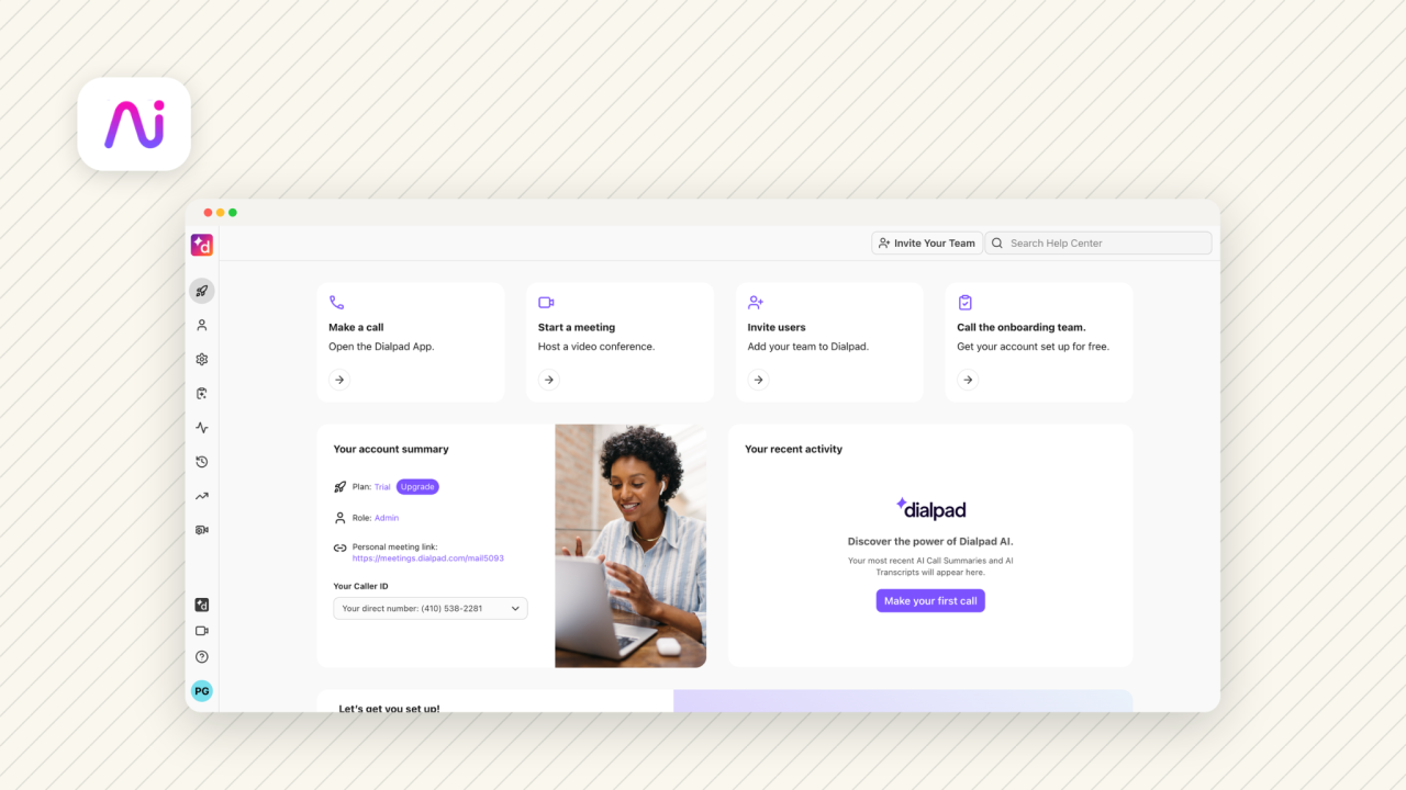 Dialpad dashboard with account summary, caller ID settings and AI call summaries panel