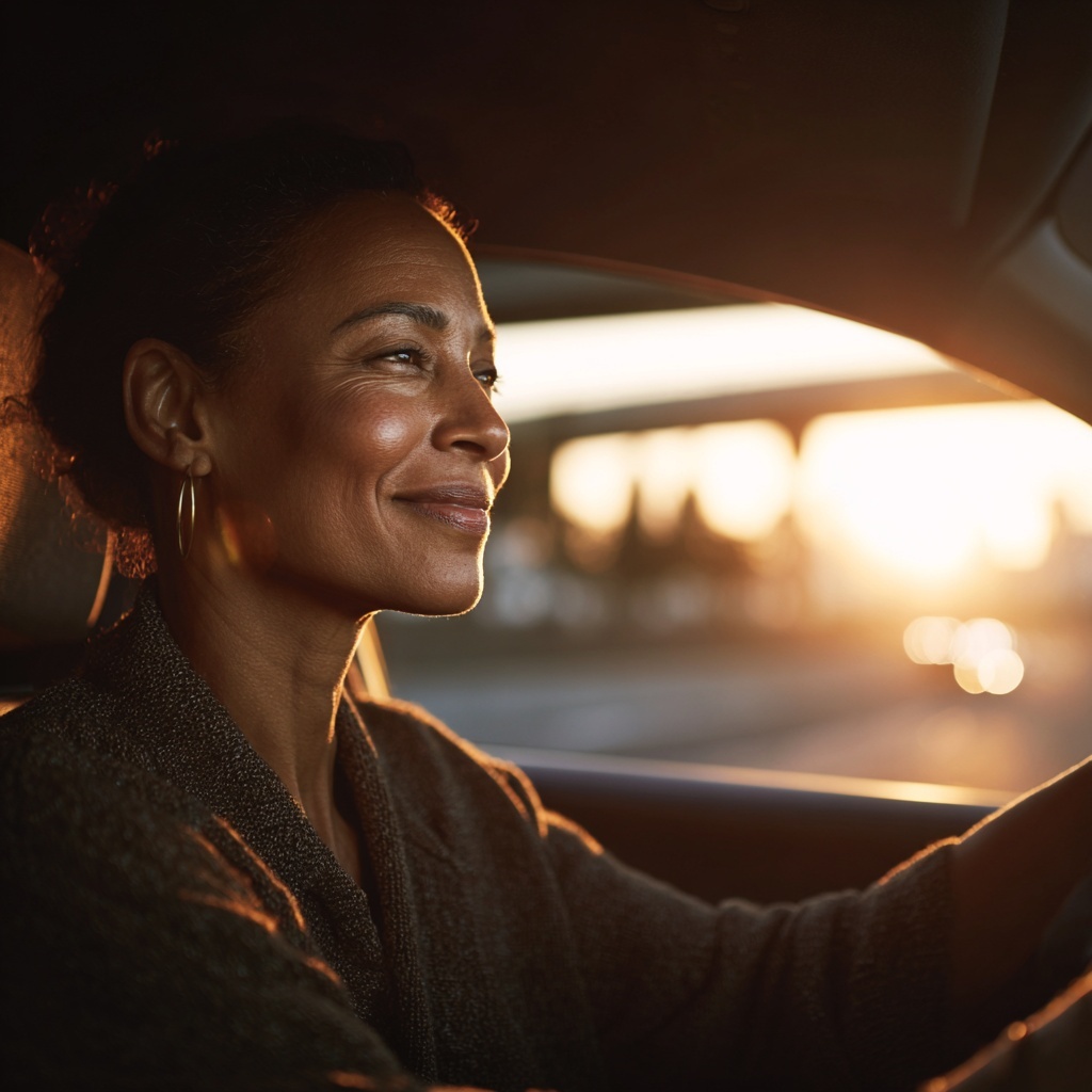 A composed-middle aged woman with her hands on the steering wheel during golden hour looking ahead with a gentle smile as she drives her vehicle.