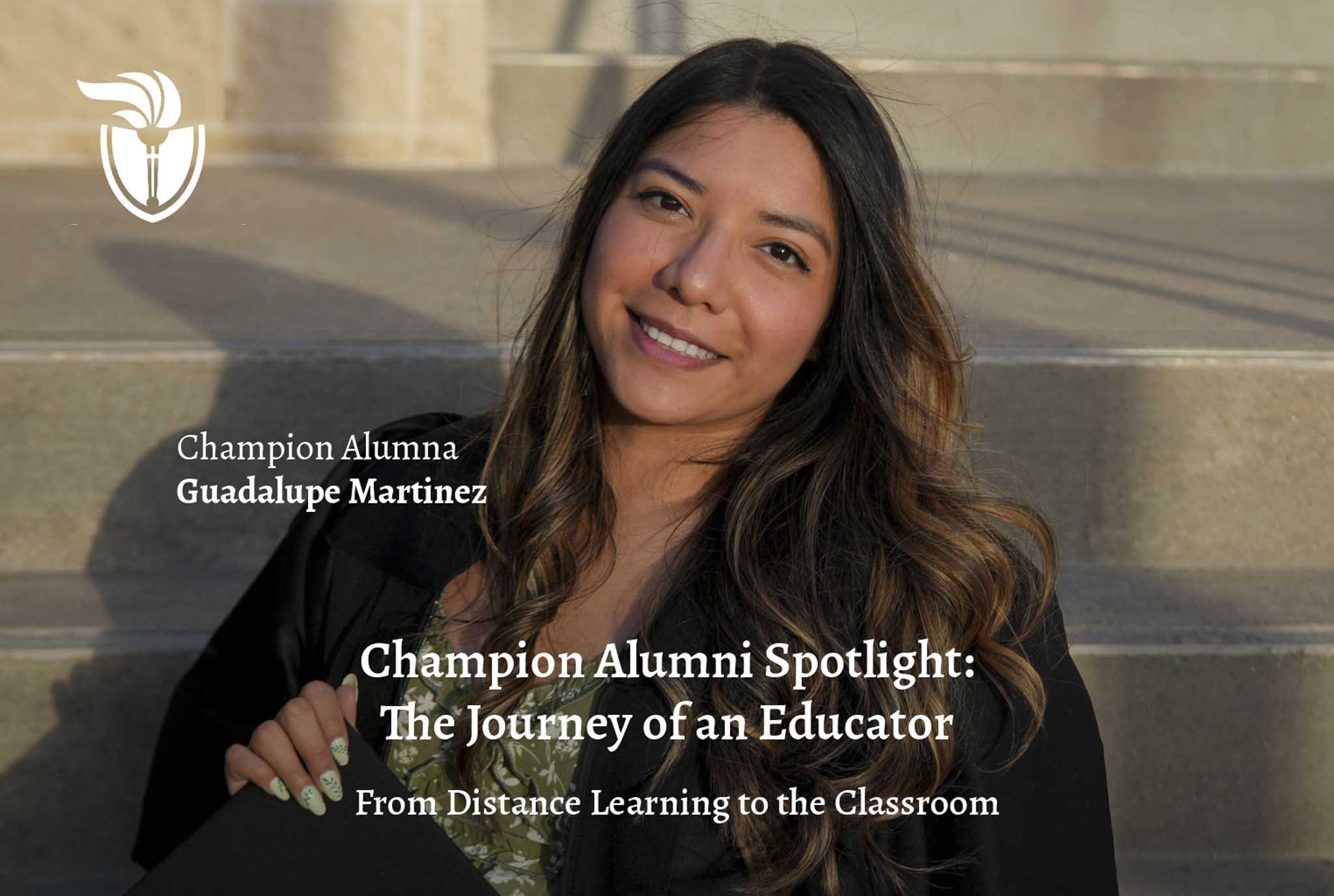 A bright young adult Hispanic women sits on stairs dressed in her cap and gown for a graduation photo.