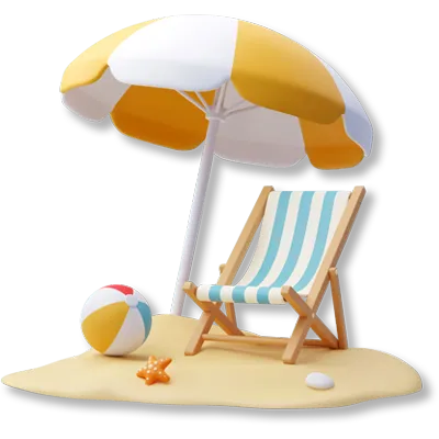 Uma boa e uma cadeira de praia sob um guarda-sol, representando um dia perfeito de lazer e relaxamento na areia.