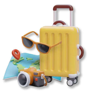 Conjunto com mala, câmera, mapa e óculos de sol, simbolizando a alegria e a expectativa de uma nova viagem.