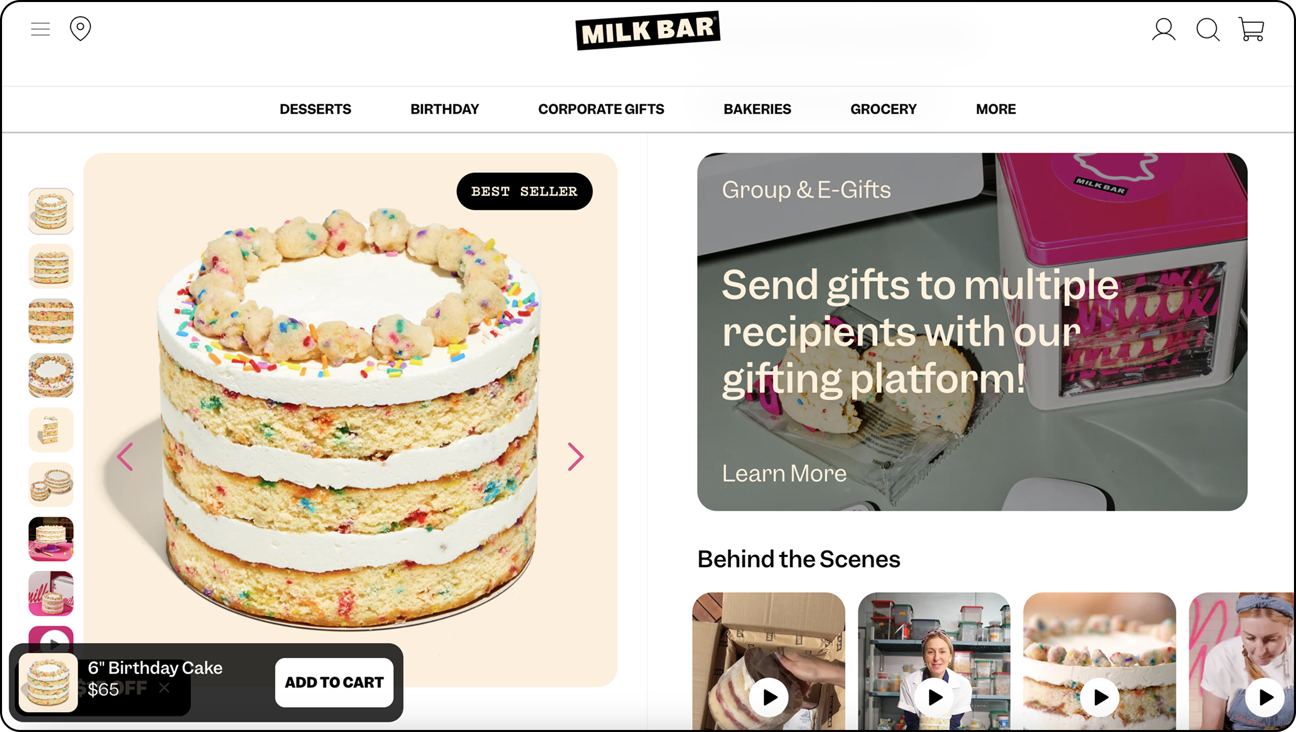 Milk Bar's PDP with a big CTA to "Send gifts to multiple recipients with out gifting platform!"