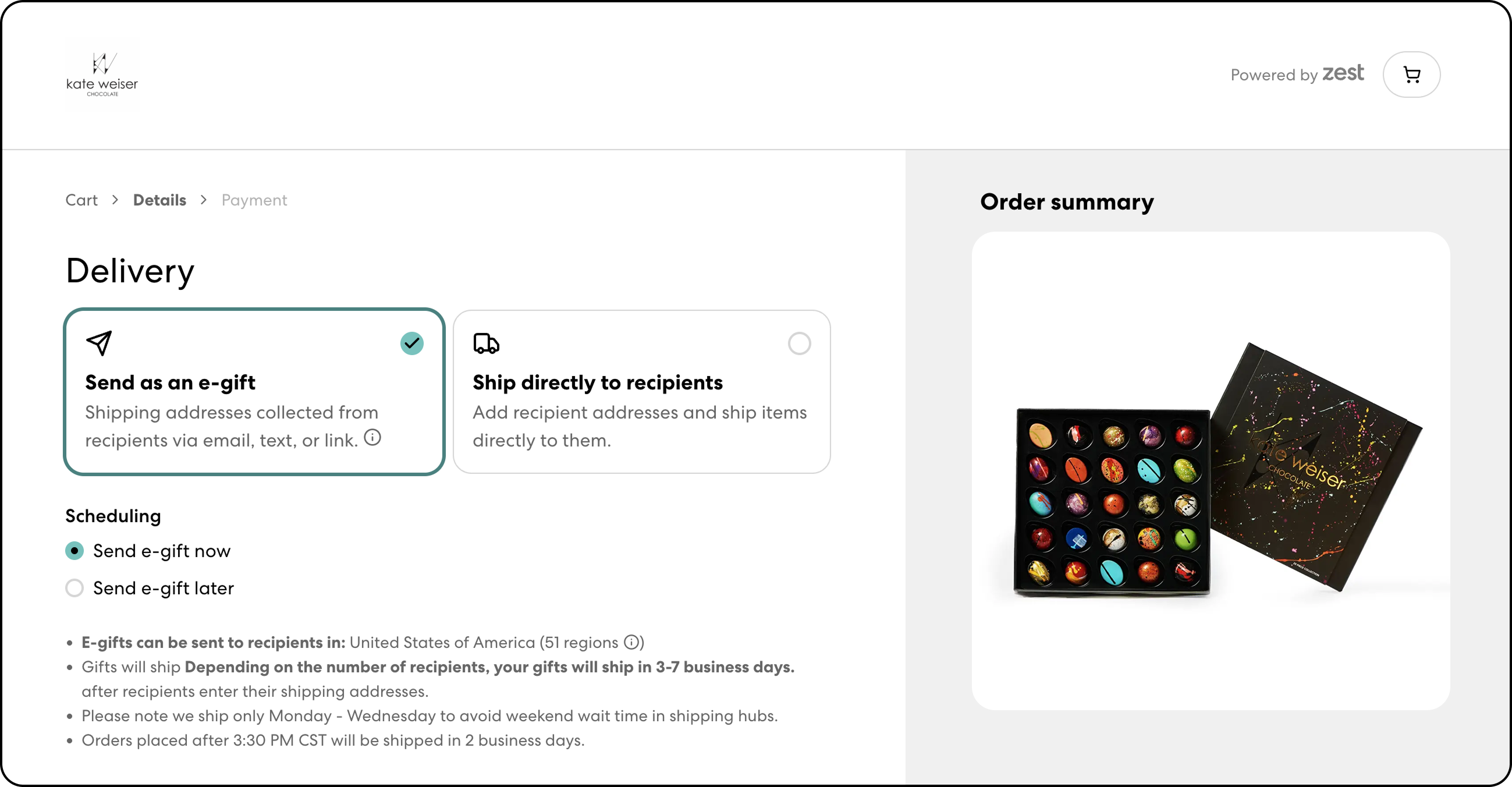 Kate Weiser Chocolate's corporate gifting storefront showing "Send as an e-gift" as the selected delivery method.