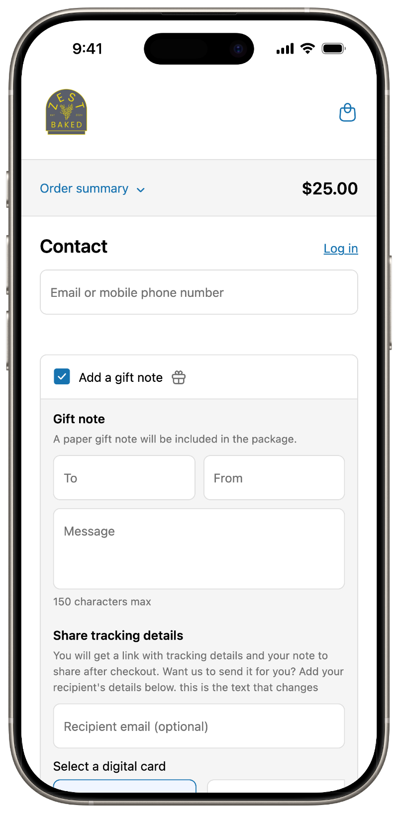 Gift note checkbox embedded in Shopify checkout