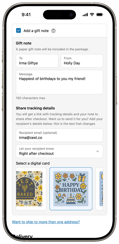 Gift note form embedded in Shopify checkout