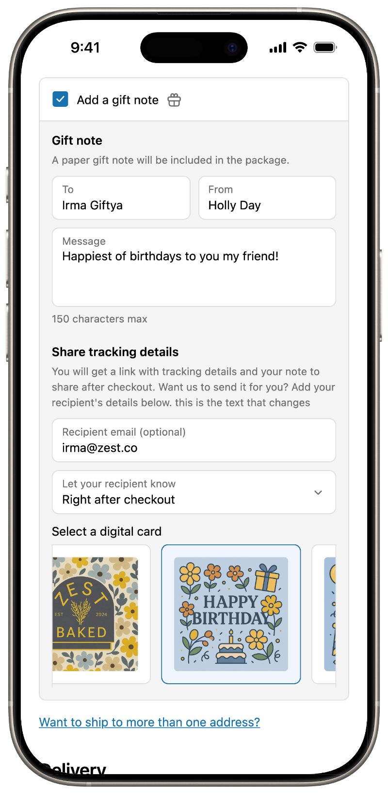 Gift note form embedded in Shopify checkout
