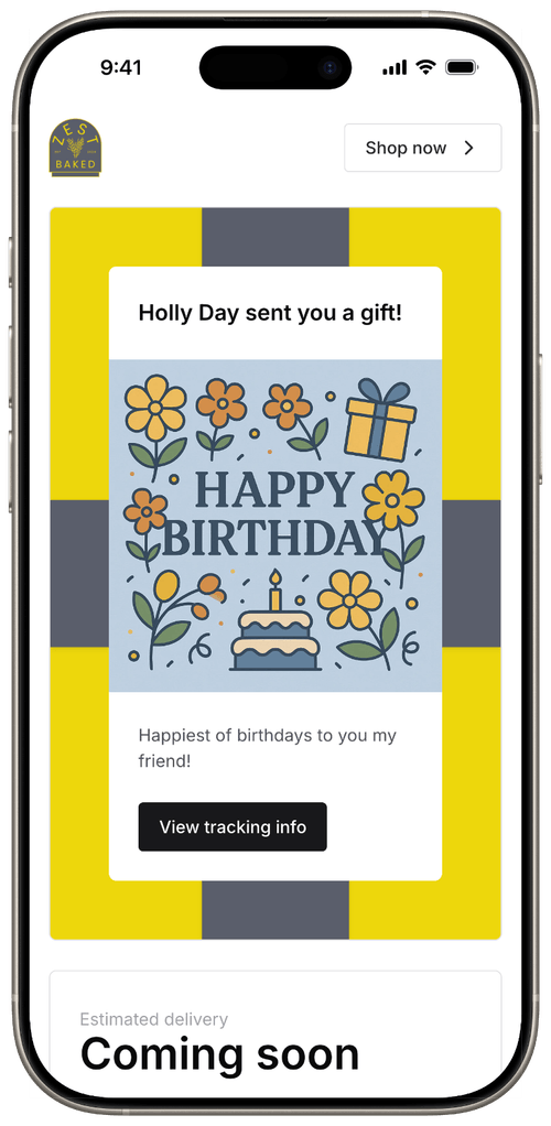 Gift page for gift recipients with branded card and colors