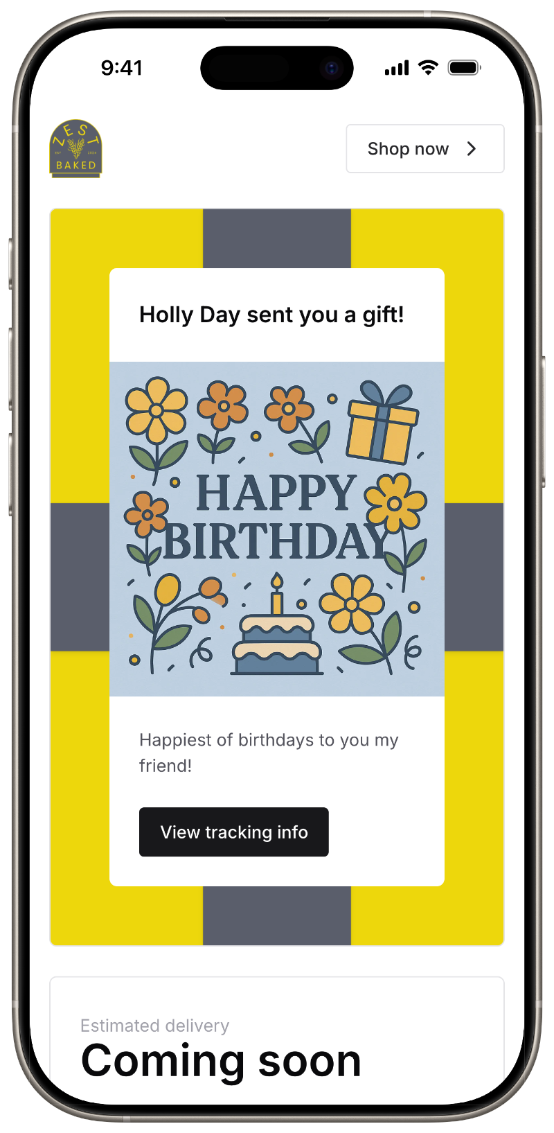 Gift page for gift recipients with branded card and colors