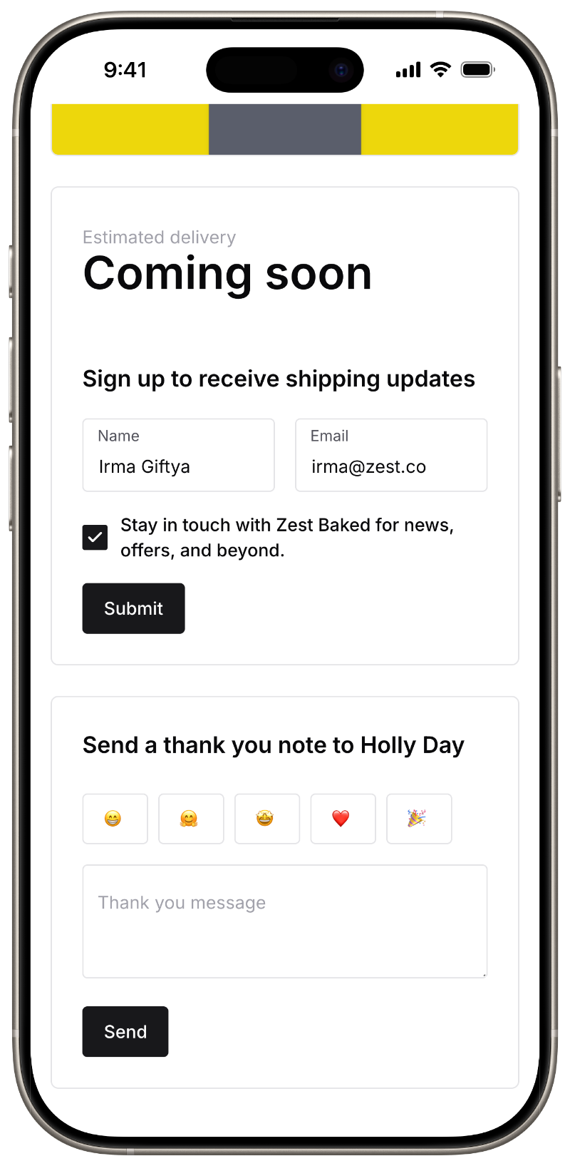 Tracking information and thank you note form displayed to gift recipient