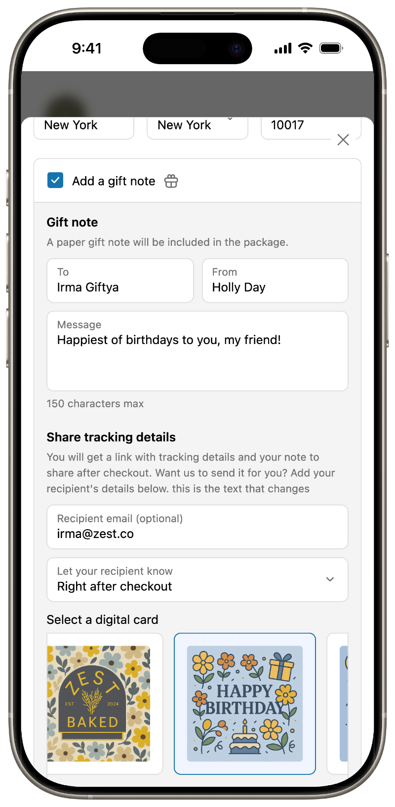 Multiship recipient gift note embedded in Shopify checkout