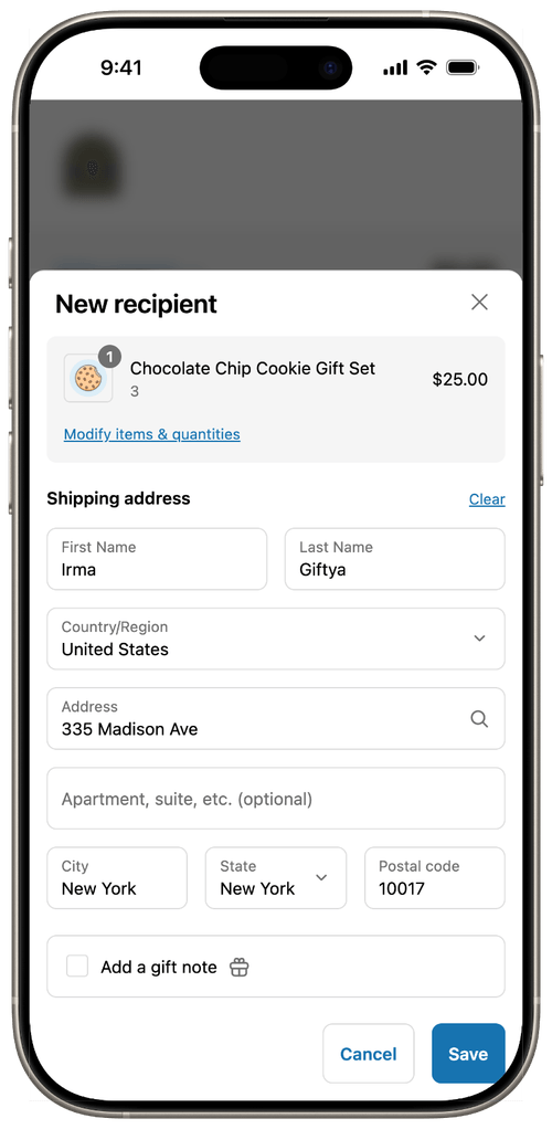 Multiship address form embedded in Shopify checkout