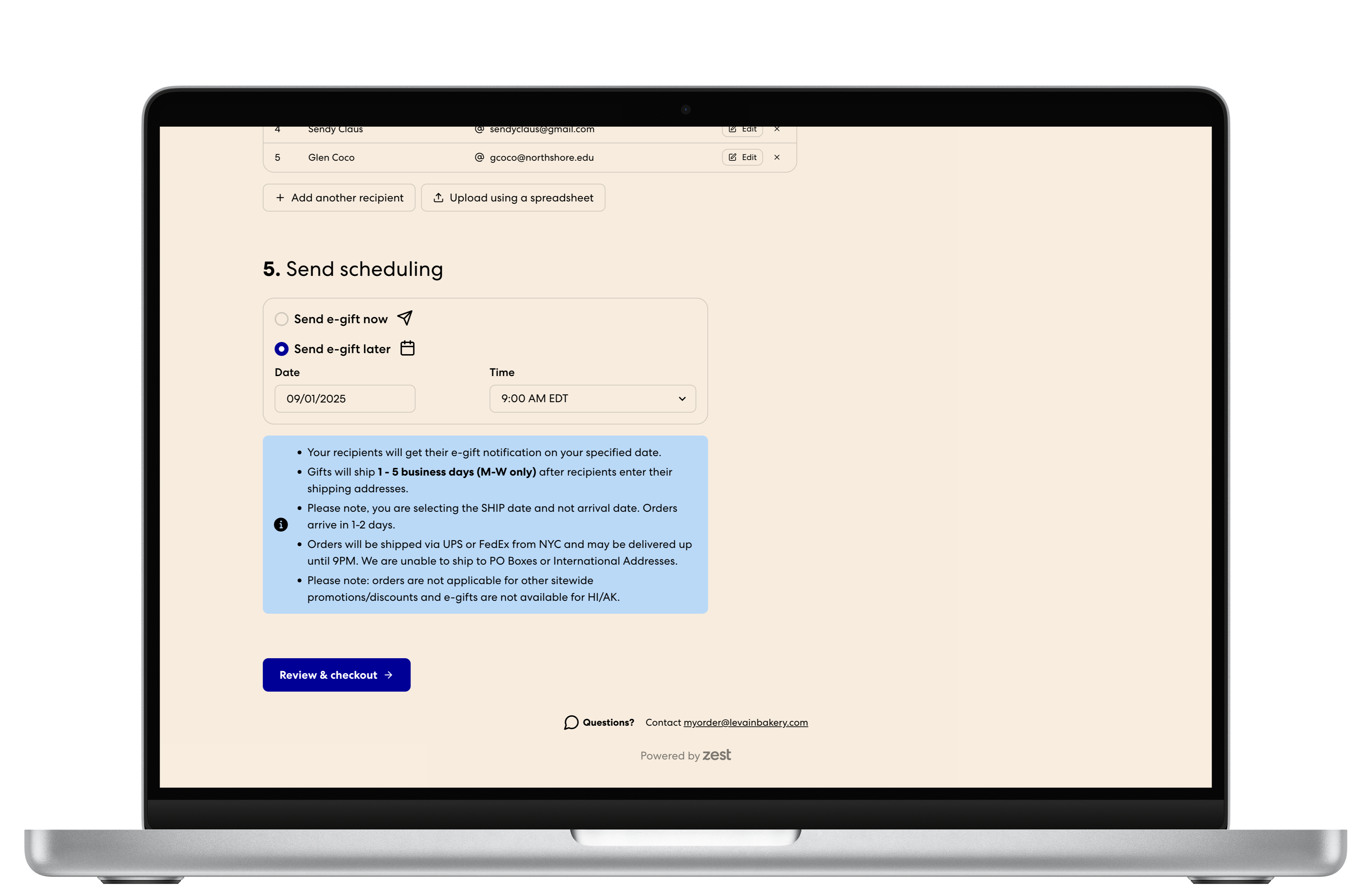 Send scheduling interface on a storefront