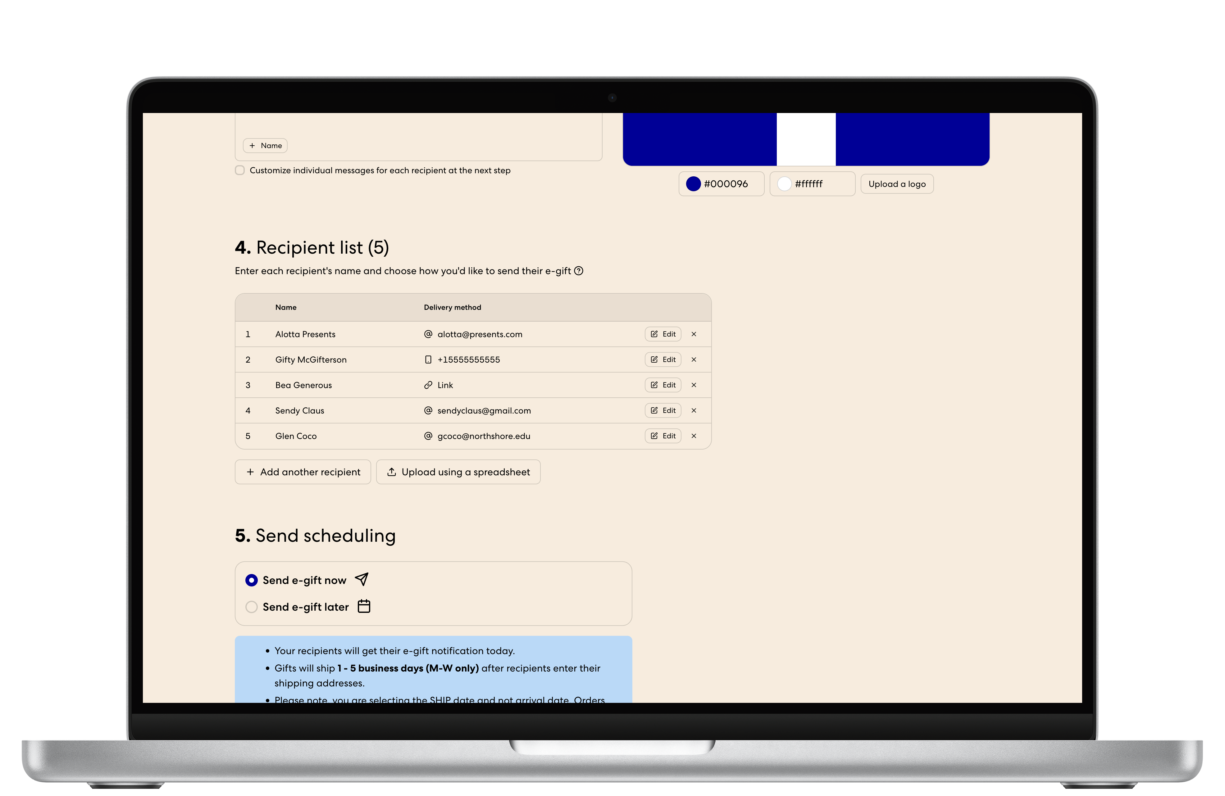 Recipient list and upload interface on a storefront