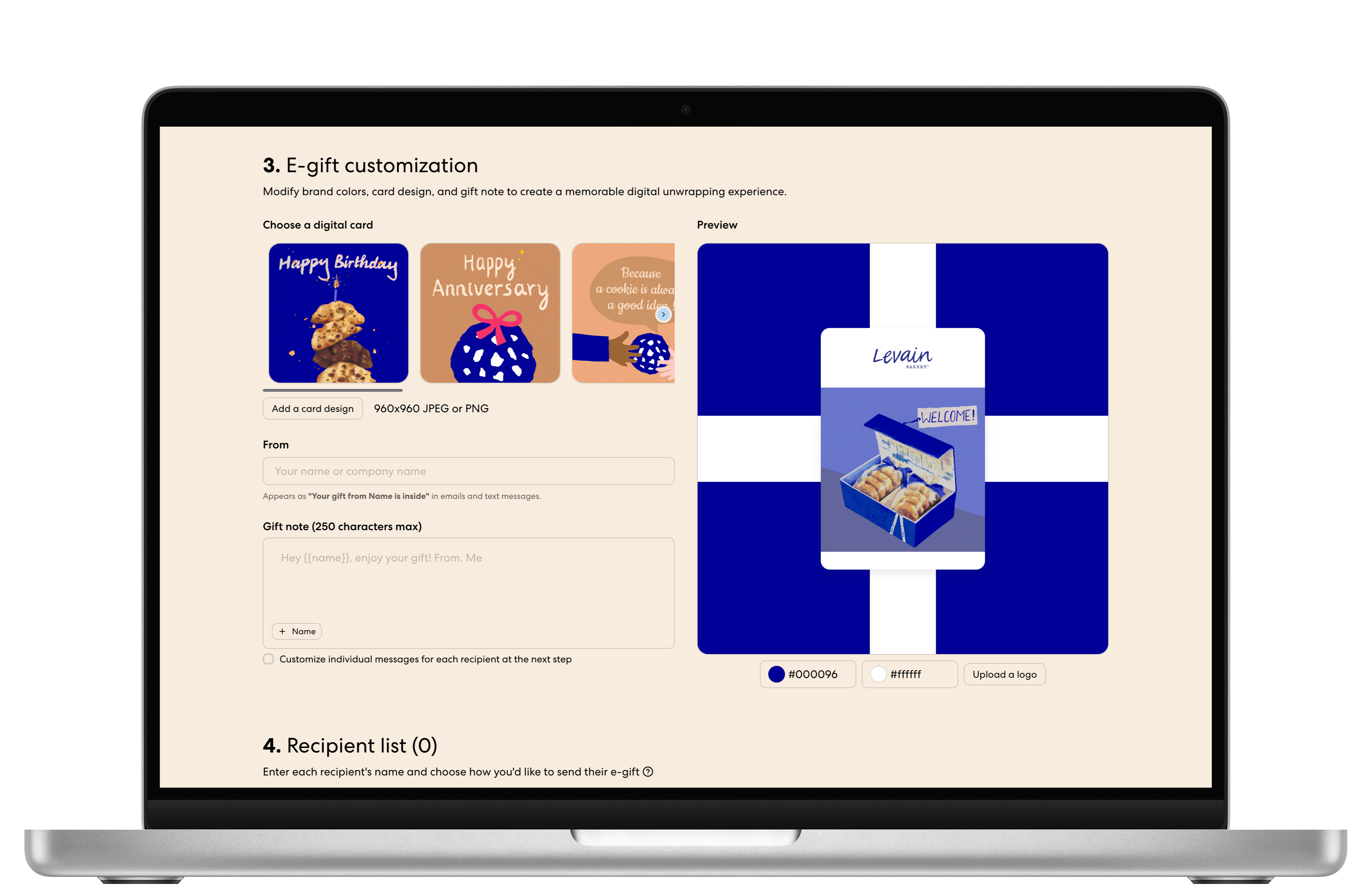 E-gift configuration on a storefront