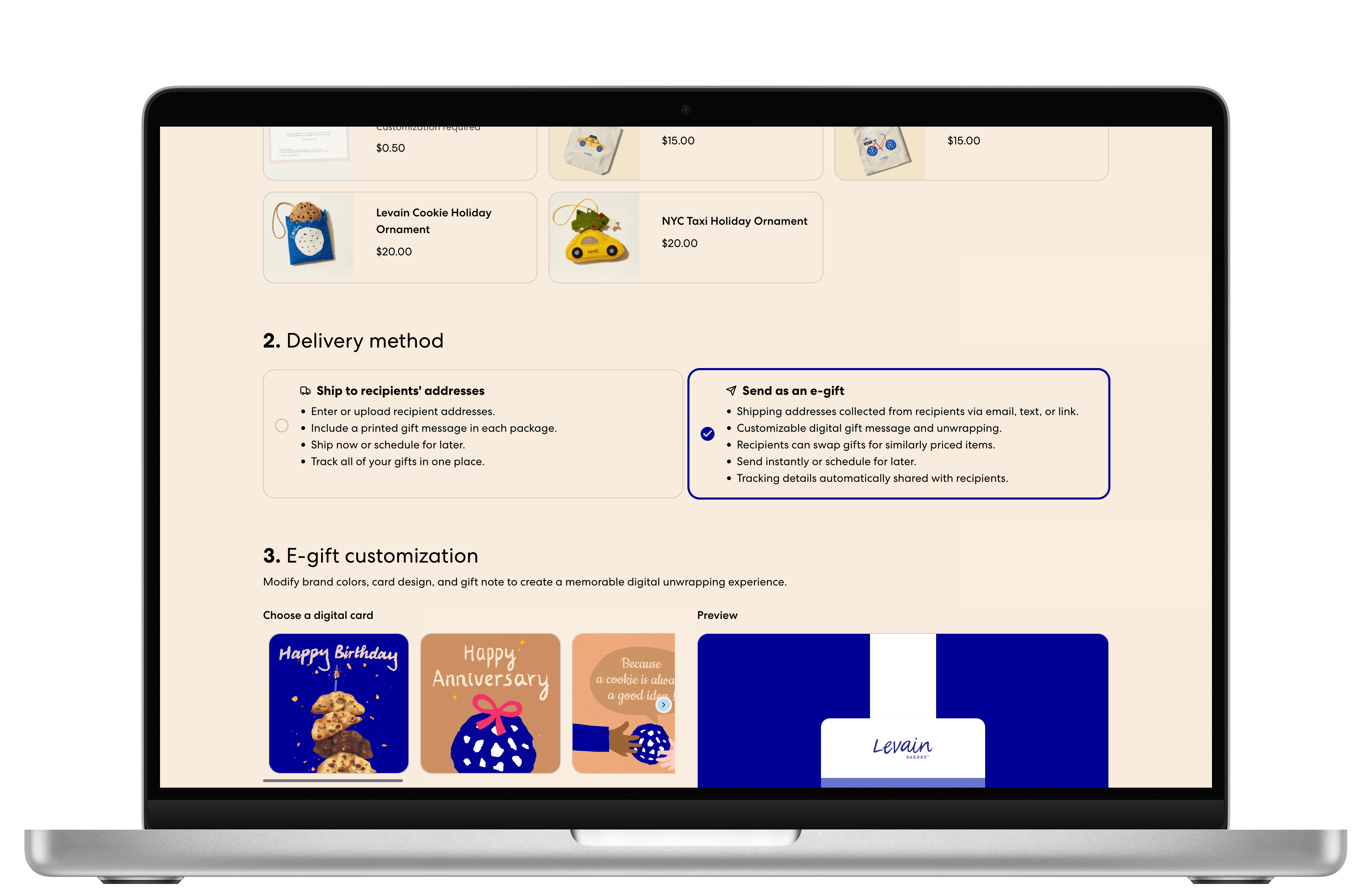 Delivery method selection on a storefront