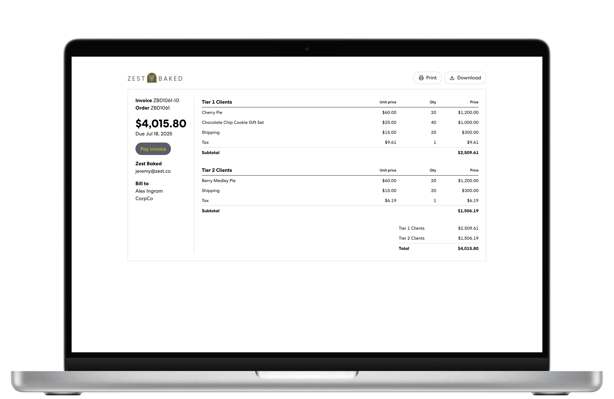Invoice page with line items and totals