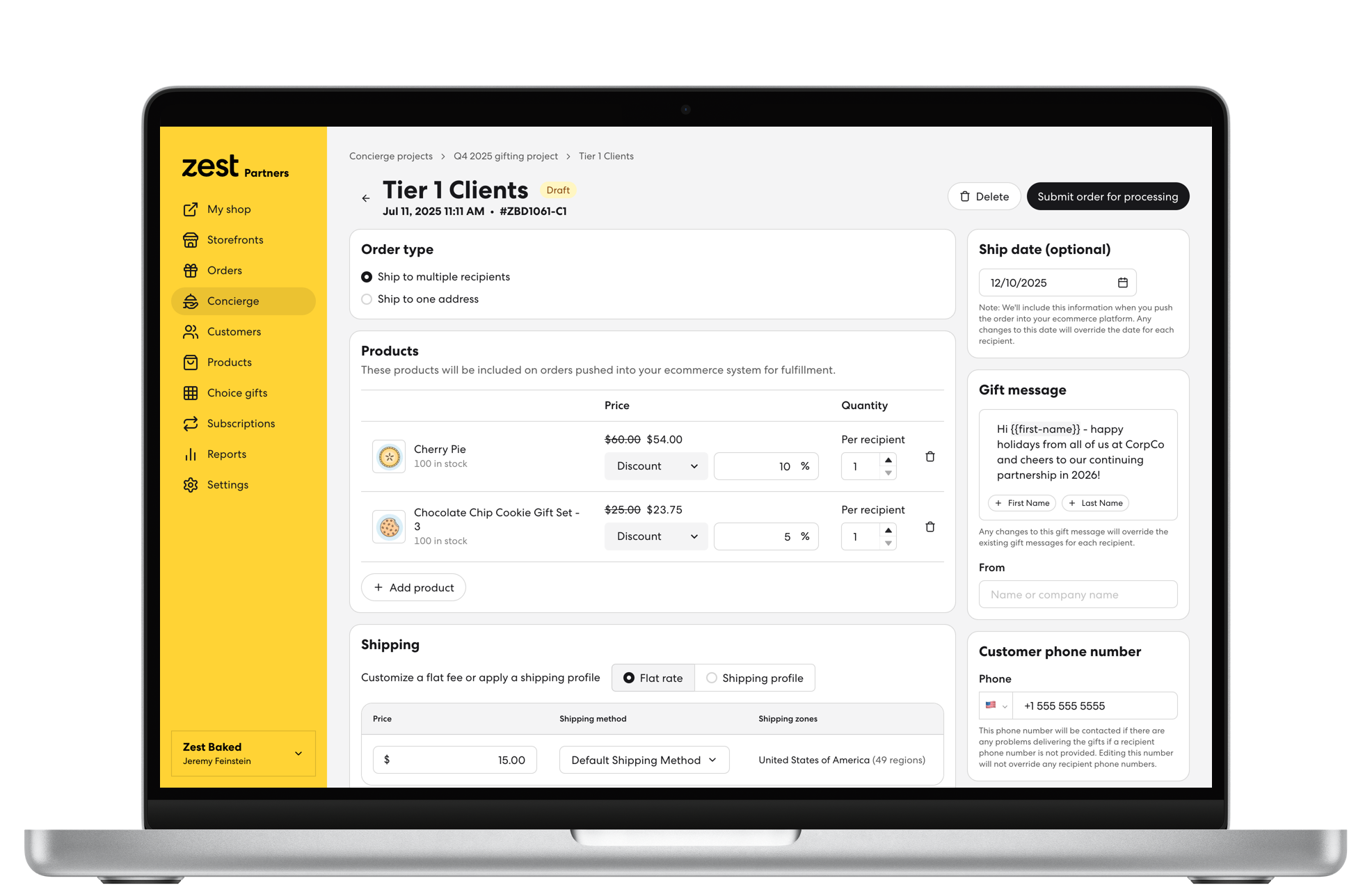 Concierge order page with products and recipients