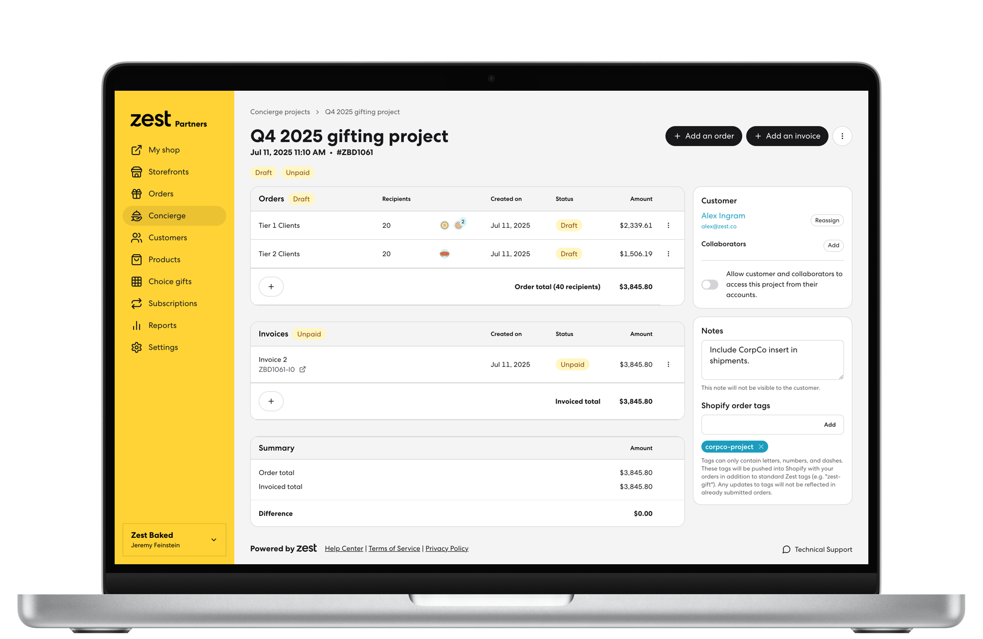 Project overview page with orders and invoices