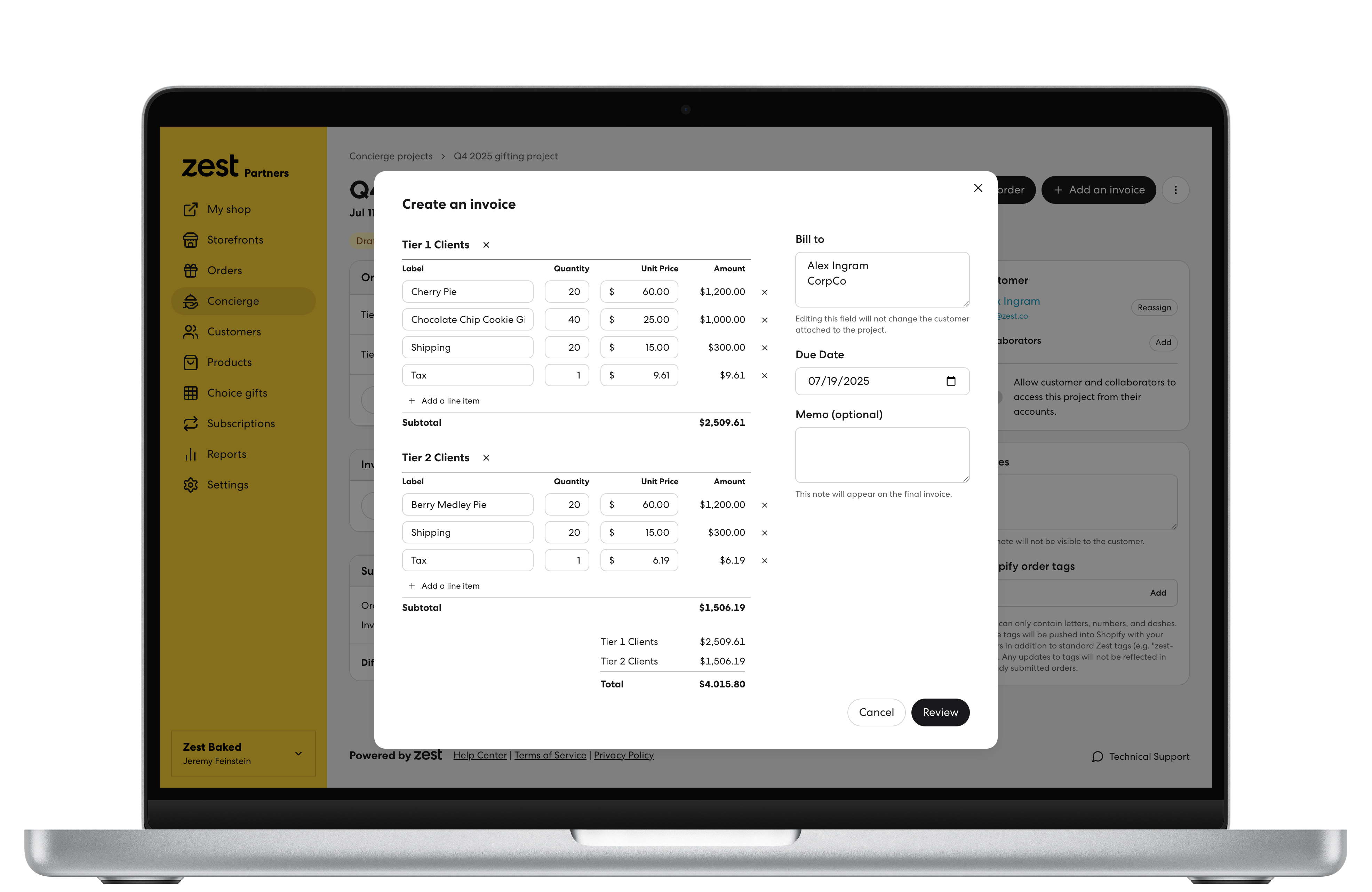 Invoice creation interface