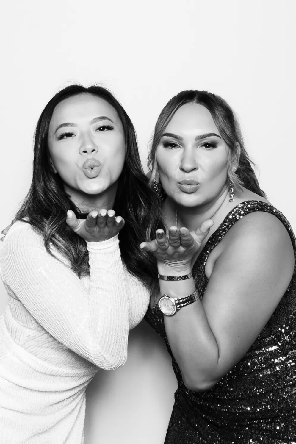 Glam photo booth rental. People posing for Palace Aesthetics Grand Opening in Portland.