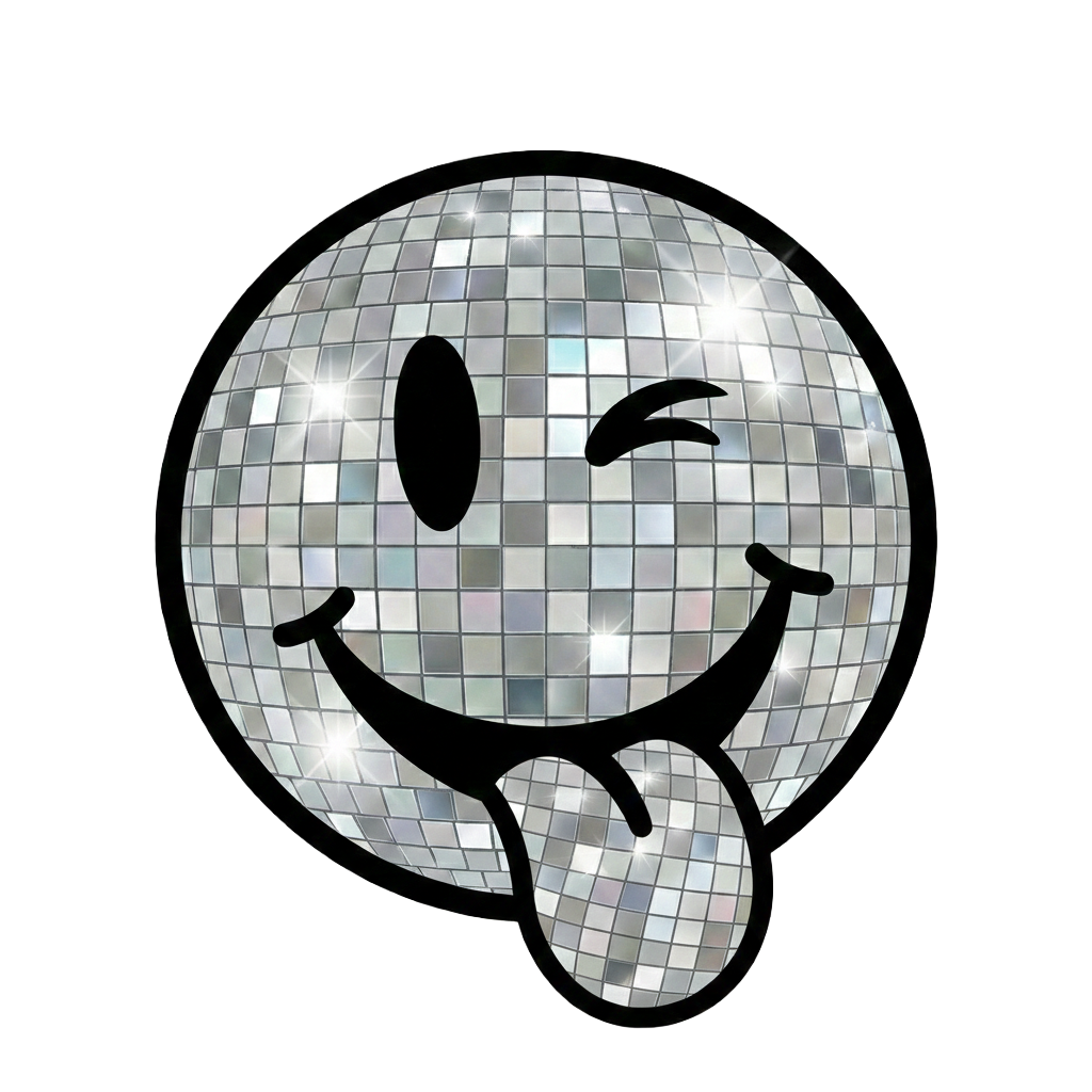 Winking smiley face made of reflective disco ball tiles with tongue sticking out.