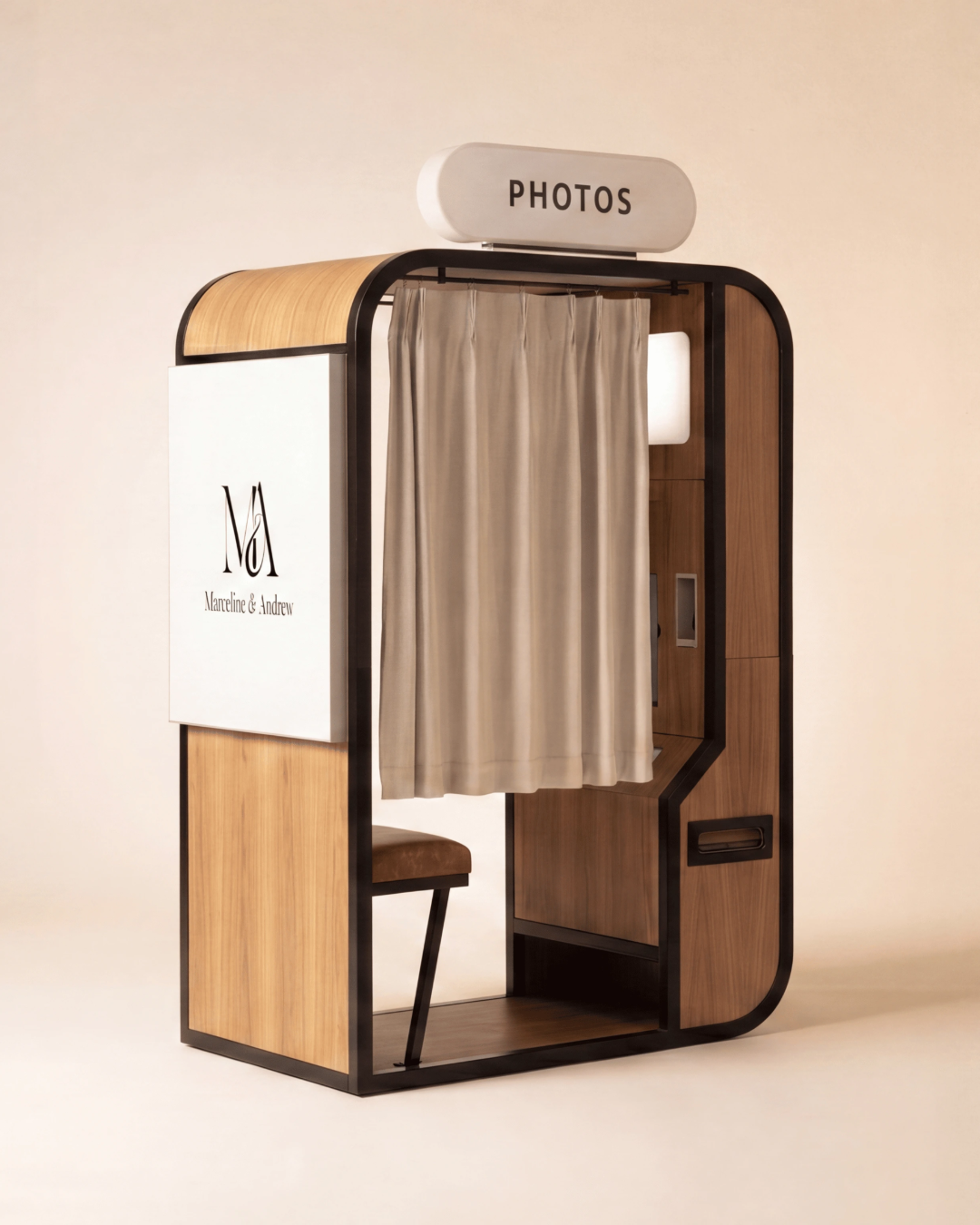 Vintage-style photo booth with wood panels, beige curtain, bench, and a sign reading PHOTOS on top.