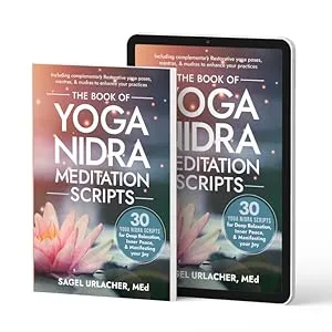 the front covers of the Book of Yoga Nidra Meditation Scripts showing the paperback and ebook formats