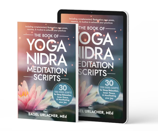 the front covers of the Book of Yoga Nidra Meditation Scripts showing the paperback and ebook formats