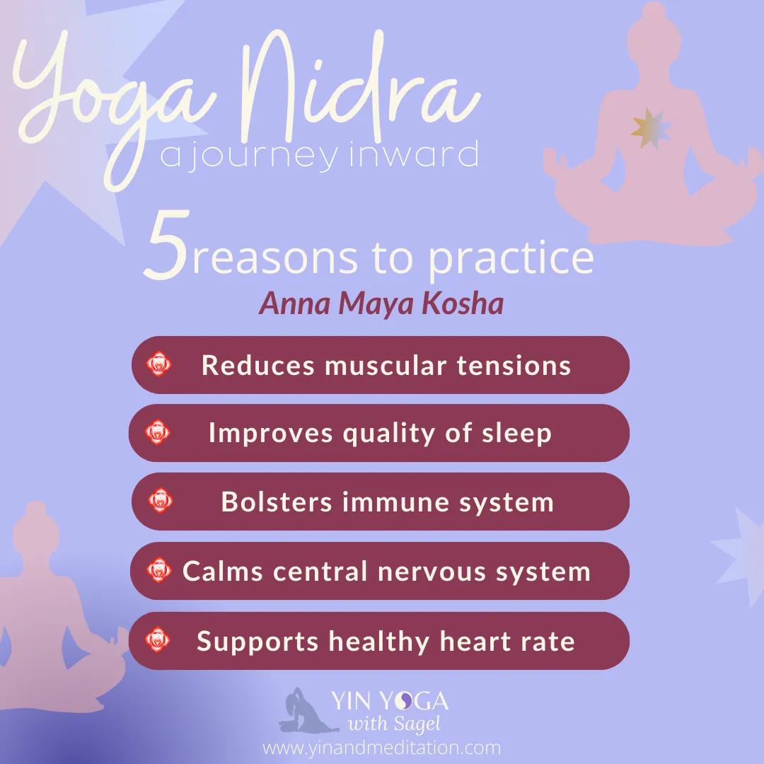 a picture of a person seated in meditation and a list of 5 reasons to practice Yoga Nidra 