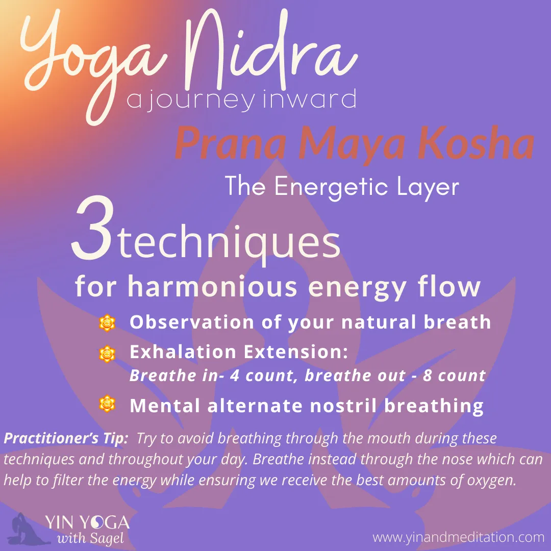 a picture of a figure seated in meditation within a lotus flower and list of three techniques for energy flow 