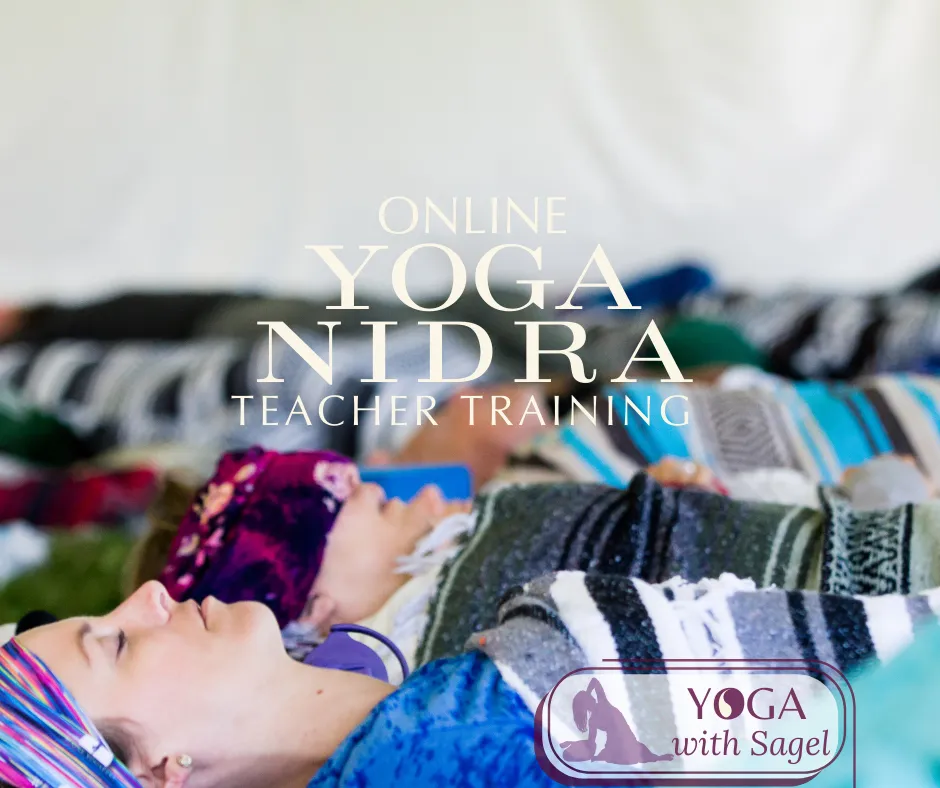 a photo of yoga students laying on yoga mats practicing yoga nidra in savasana pose