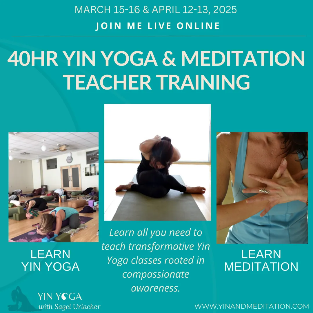  a female in a yoga pose, a female holding her hands over her heart, and a class of yoga students on their mats