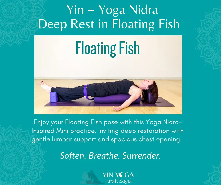 a picture of a female student in a supported back-lying yin yoga fish pose