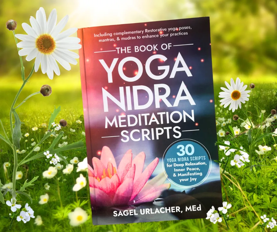 the cover of the book of yoga nidra meditations scripts surrounded by white daisies