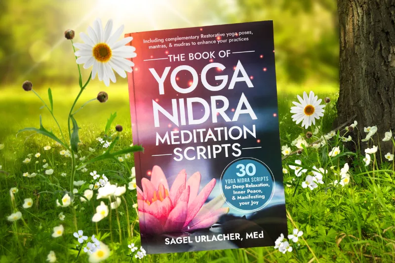 the book of yoga nidra meditation scripts cover surrounded by white daisies