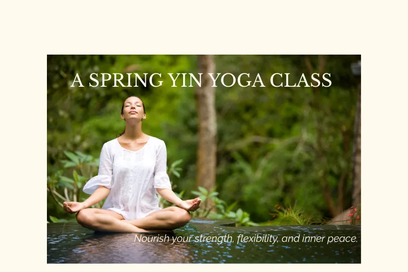a woman sitting peacefully in meditation in a lush green forest